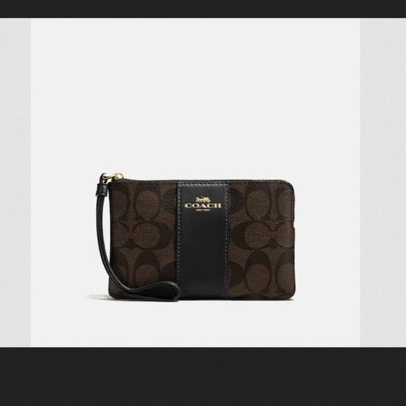 Coach Corner Zip Wristlet In Signature Canvas Gold/Brown Black